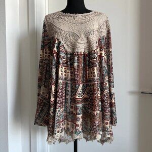 Indigo Thread Co Mesh Tunic Top Womens 1X Boho Crochet Lace Bell Sleeve